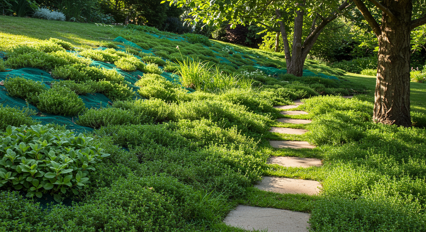 A photorealistic garden scene featuring three distinct ground cover applications: a gentle slope covered with robust, soil-stabilizing plants and biodegradable netting; a stone pathway bordered by resilient, low-growing ground cover suitable for light foot traffic; and an area of dry shade beneath a tree where shade-tolerant ground covers flourish. The image highlights various functional ground cover solutions in a natural, well-maintained outdoor setting.