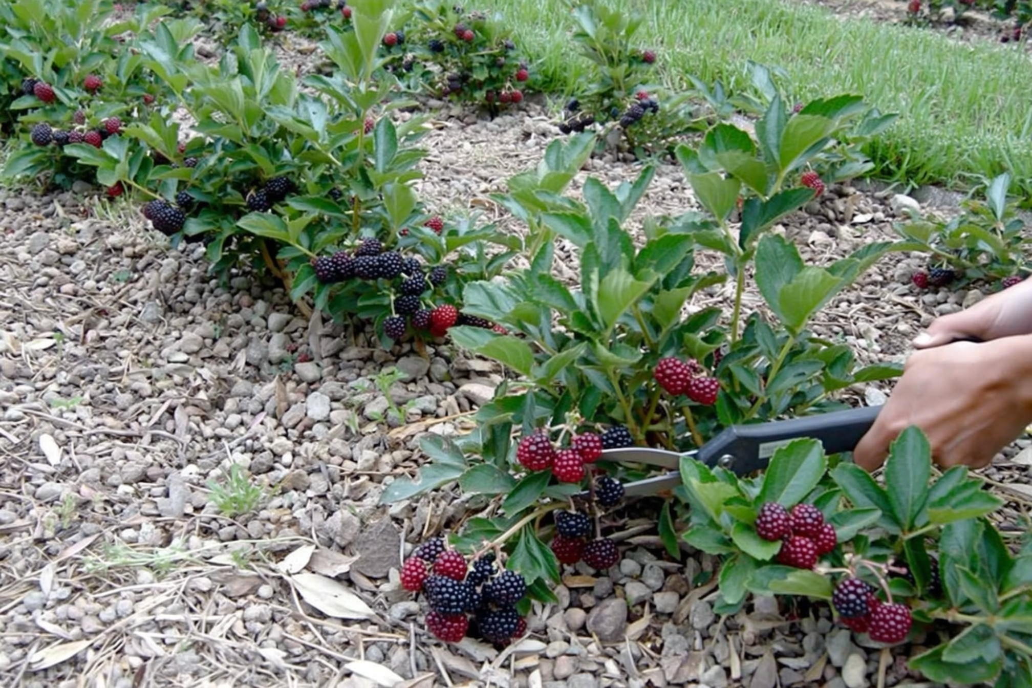 A young planted elderberry bush in a garden row with a cluster of ripe dark berries being cut from the shrub by hand shears