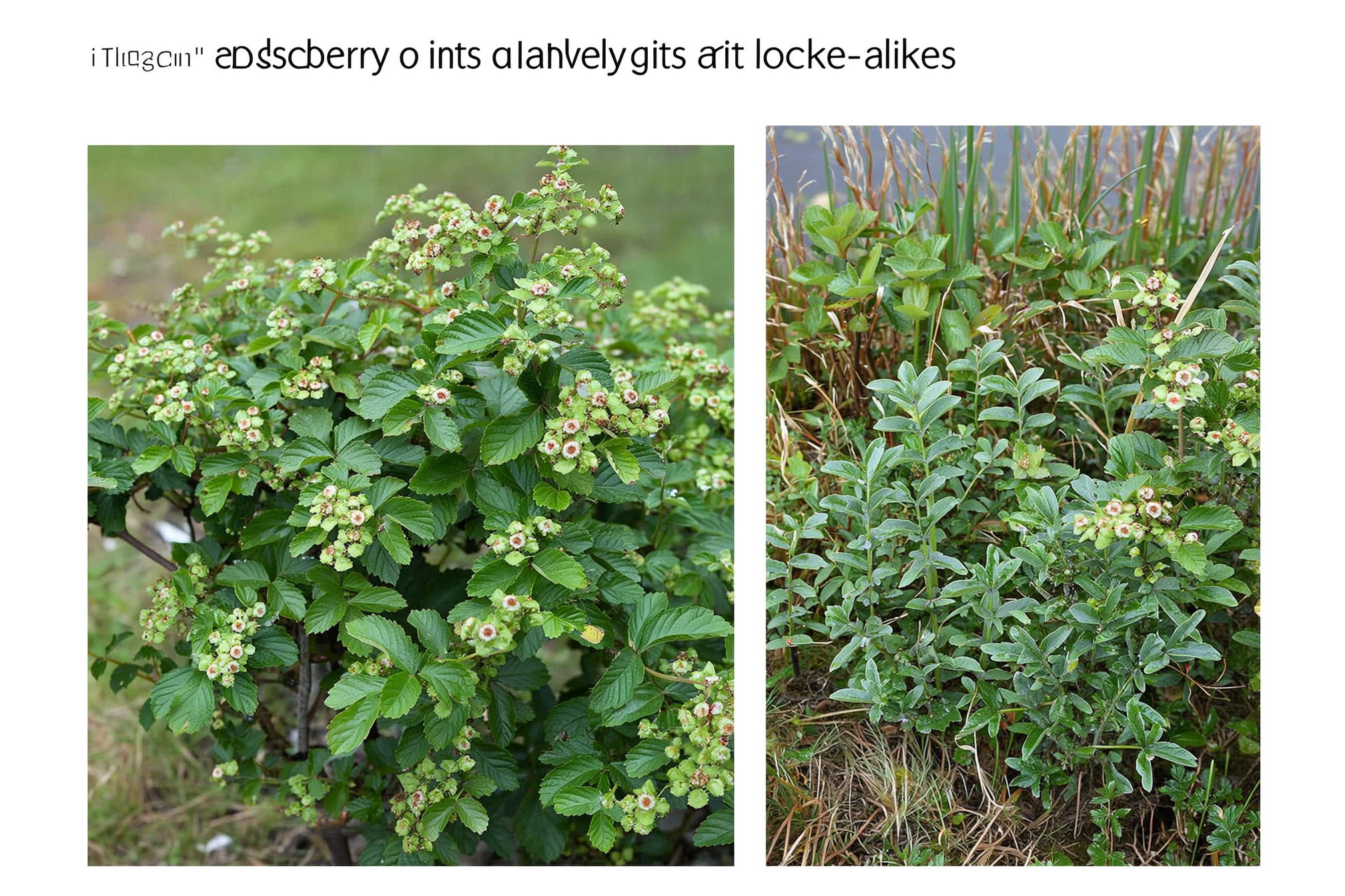 Side by side comparison of a woody elderberry shrub with flat-topped berry clusters and a herbaceous water-side plant with alternate divided leaves and no berries