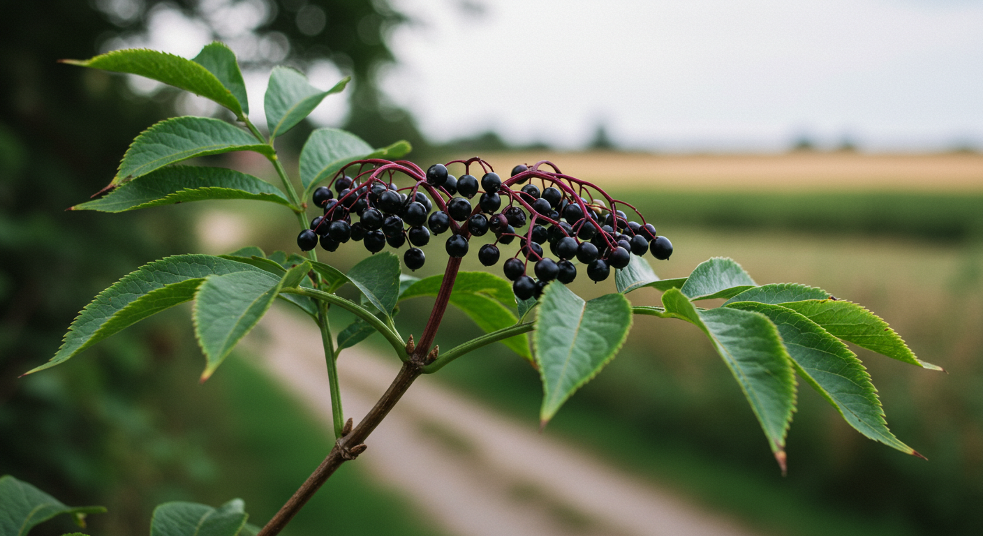 A close-up view of a mature elderberry branch heavy with clusters of dark, ripe berries and green pinnately compound leaves. The woody stem is visible, and the background is softly blurred, suggesting a natural, possibly roadside, setting.
