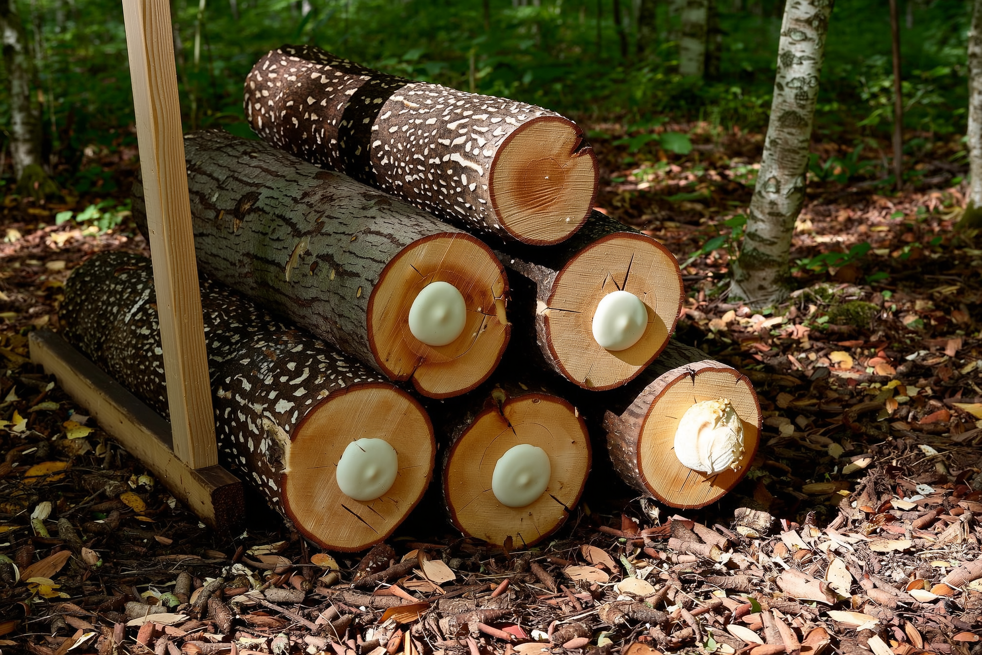 A stack of inoculated hardwood shiitake logs leaning against a frame in dappled woodland shade, drilled holes sealed with pale wax, oyster mushrooms fruiting from a log end