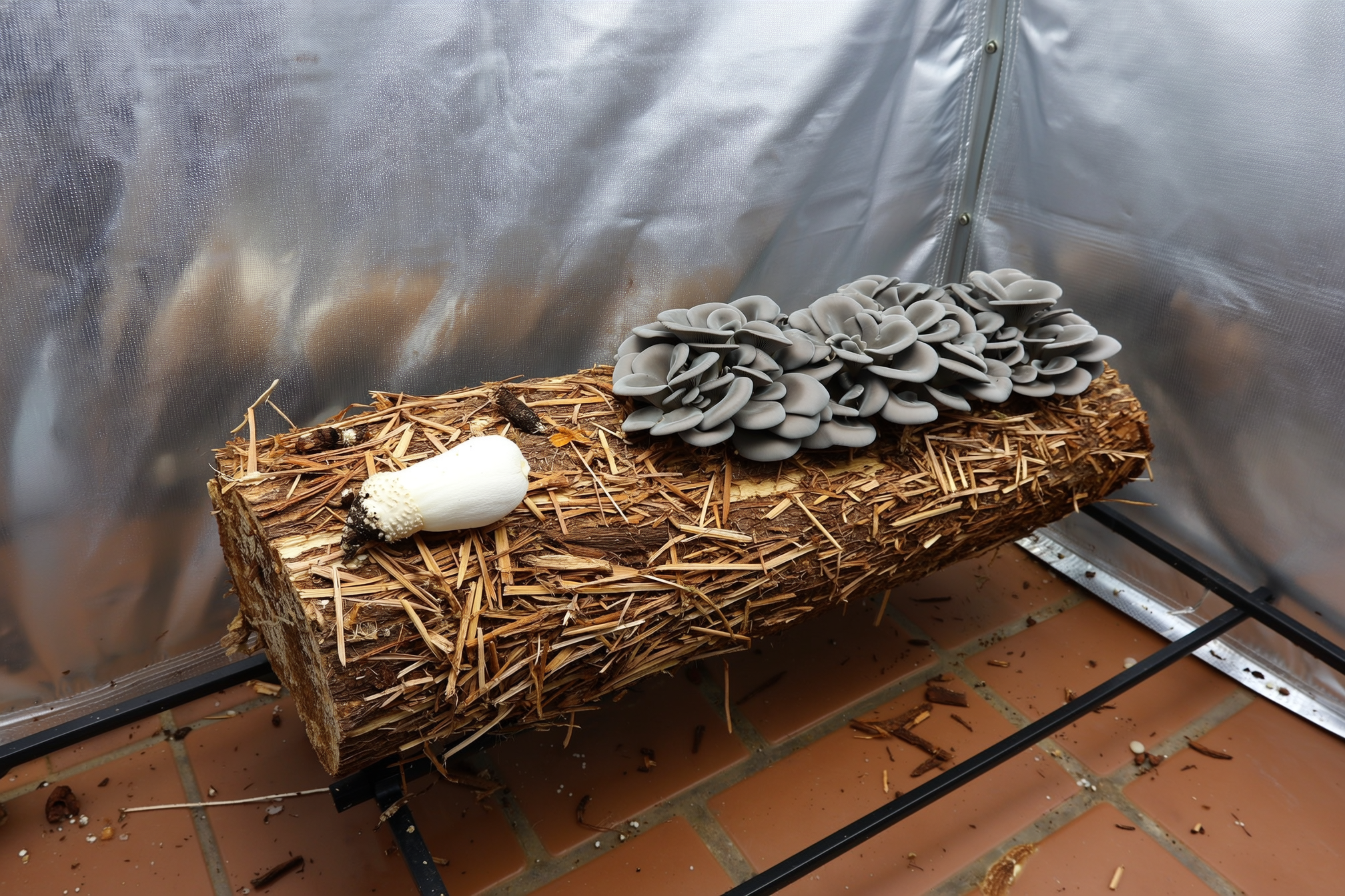 A white cascading lion's mane mushroom fruiting from a colonized hardwood sawdust block inside a humid indoor grow tent, with grey oyster clusters on a second block nearby