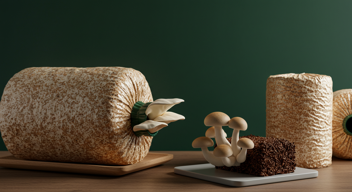 Oyster mushrooms growing in clusters out of a plastic sawdust substrate fruiting bag.