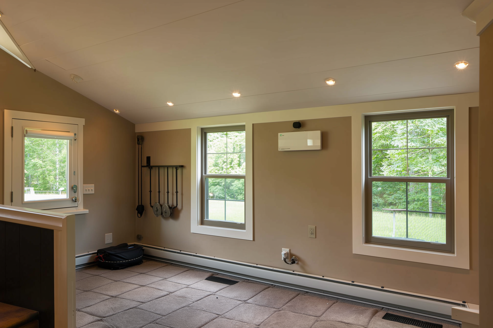 A cozy energy-efficient home interior with a smart thermostat, LED lighting, and well-sealed windows
