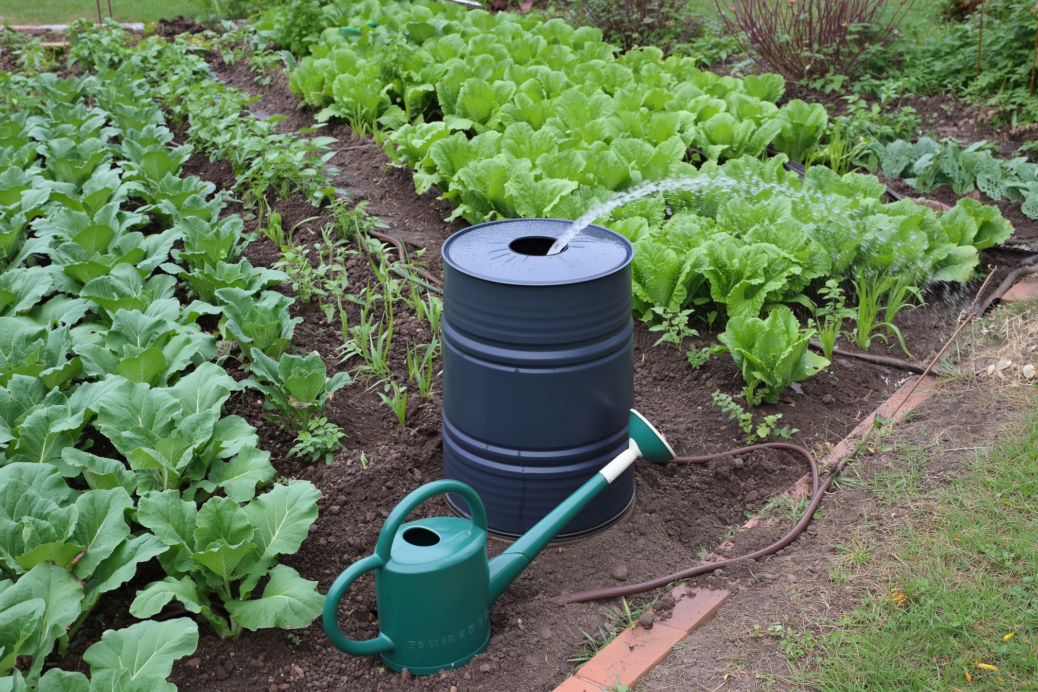 A rain barrel collecting roof runoff beside a vegetable garden, a watering can resting nearby