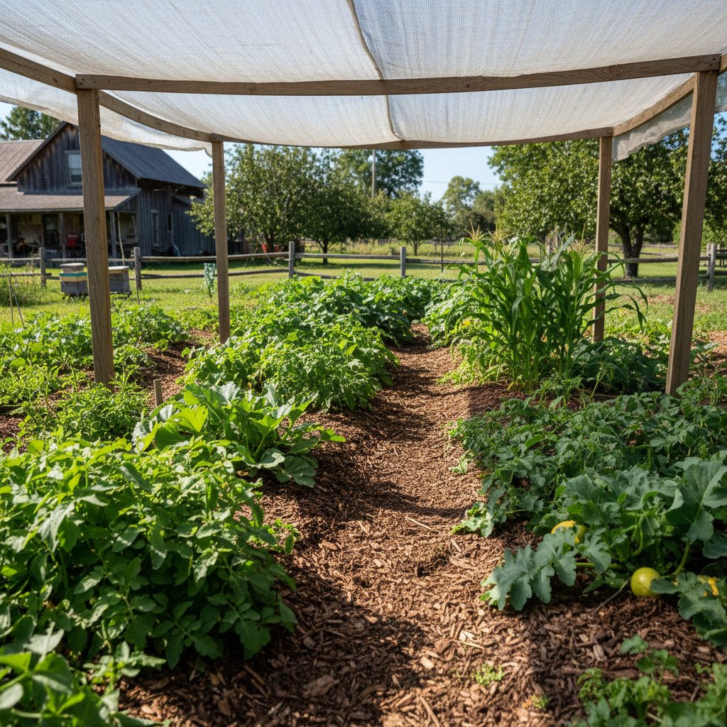 a resilient vegetable garden thriving under a heatwave with shade cloth