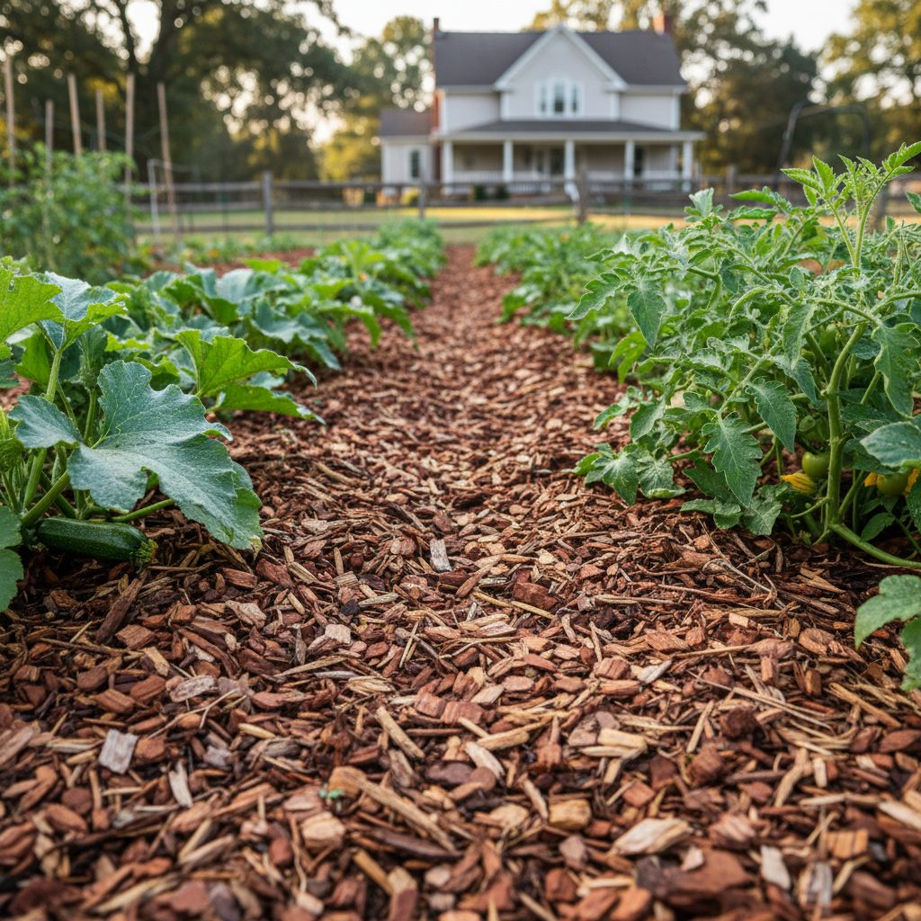 thick layer of wood chip mulch protecting garden soil