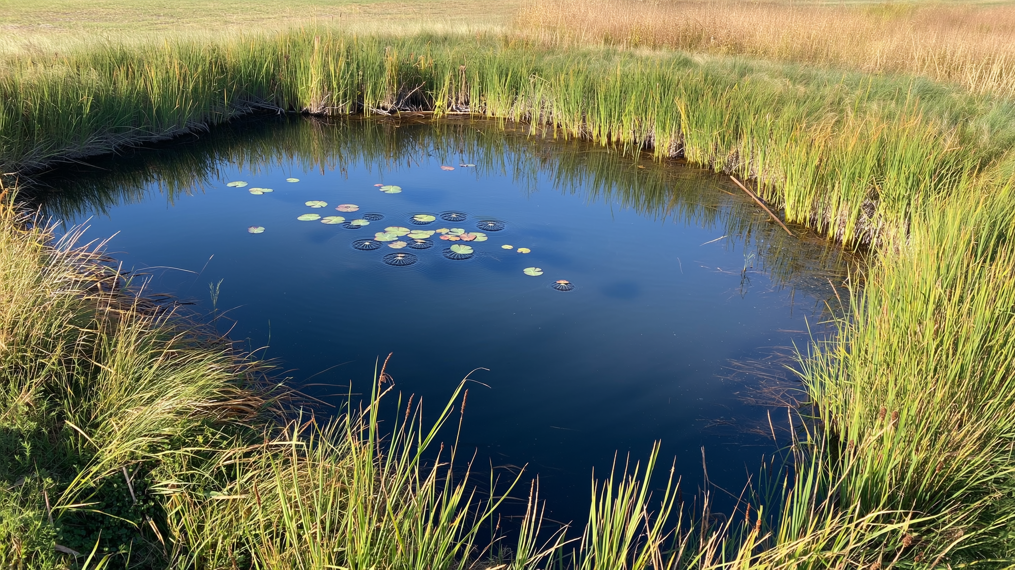 A clear homestead pond surrounded by a vegetative buffer zone of deep-rooted native grasses and cattails, with solar aeration diffusers bubbling gently under early morning light.