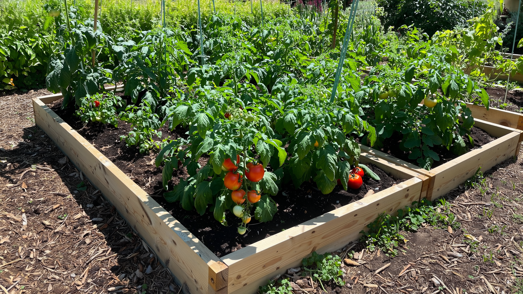 A wooden raised wicking bed in a homestead garden, filled with lush green vegetable plants, tomatoes on vine, and clean mulch under bright sunlight.
