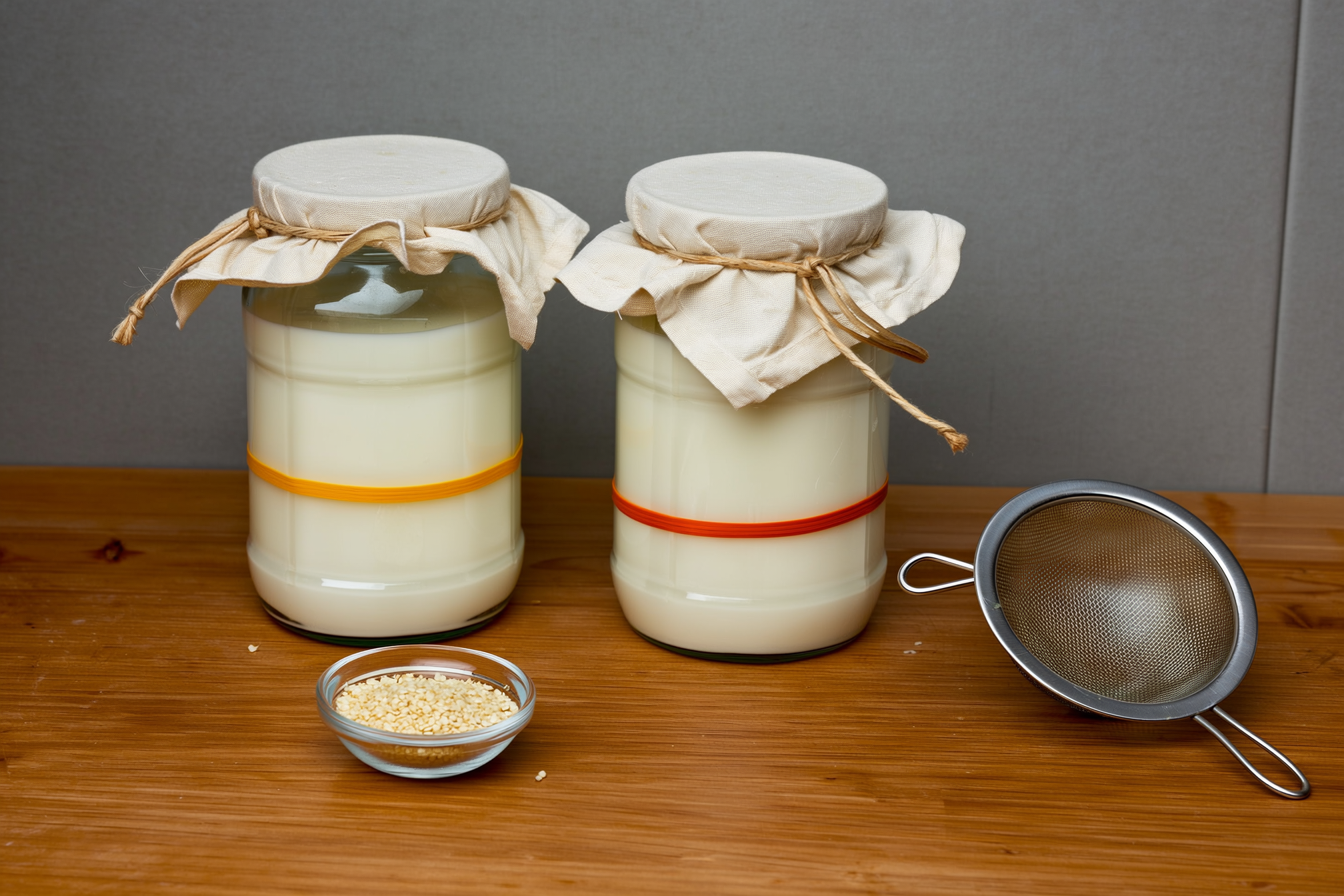 Glass jars of homemade yogurt and milk kefir on a wooden counter, a cloth cover and rubber band on the kefir jar, and a small dish of kefir grains beside a strainer