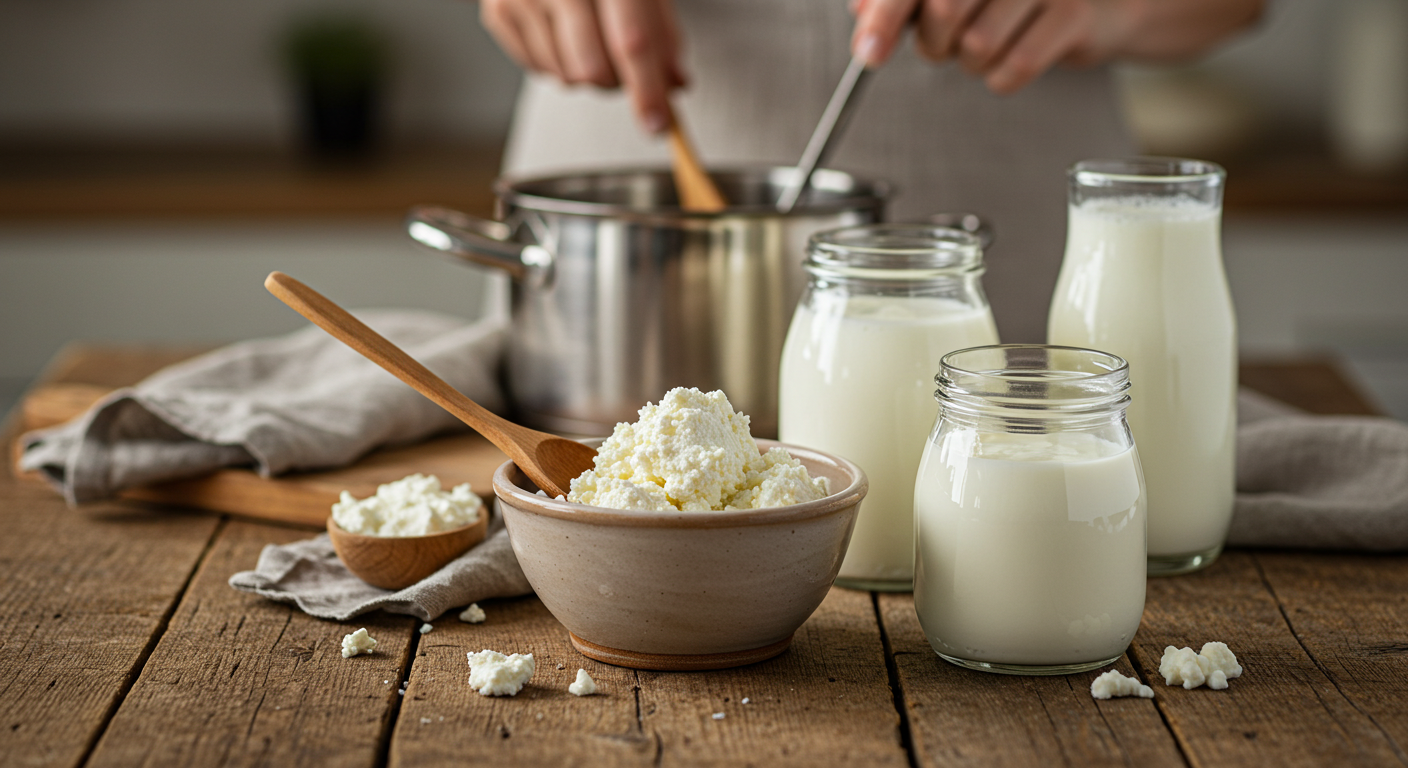 A close-up, top-down shot of a rustic wooden table featuring various homemade dairy products: a ceramic bowl of creamy ricotta with a wooden spoon, a glass jar filled with thick yogurt, and a separate glass of sparkling kefir. In the softly blurred background, a hand gently stirs a pot on a stove, hinting at the process of milk transformation.