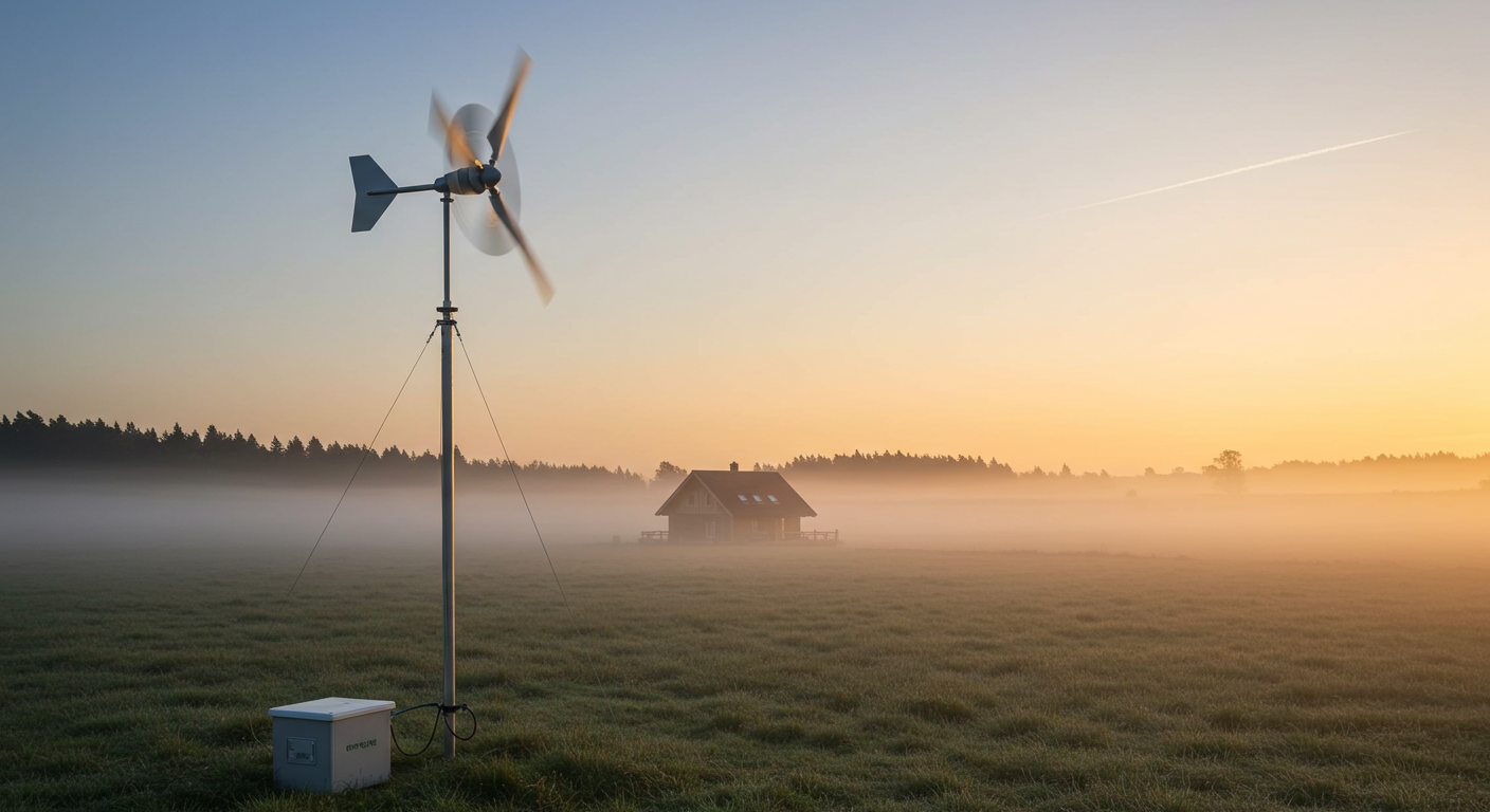 A sleek, modern home wind turbine with three blades rotates slowly against a clear, sunrise sky over a sprawling green field. In the mid-ground, a sustainable, earth-toned house blends into the landscape, symbolizing eco-friendly living. The scene captures the tranquility and potential of renewable energy in a rural setting.