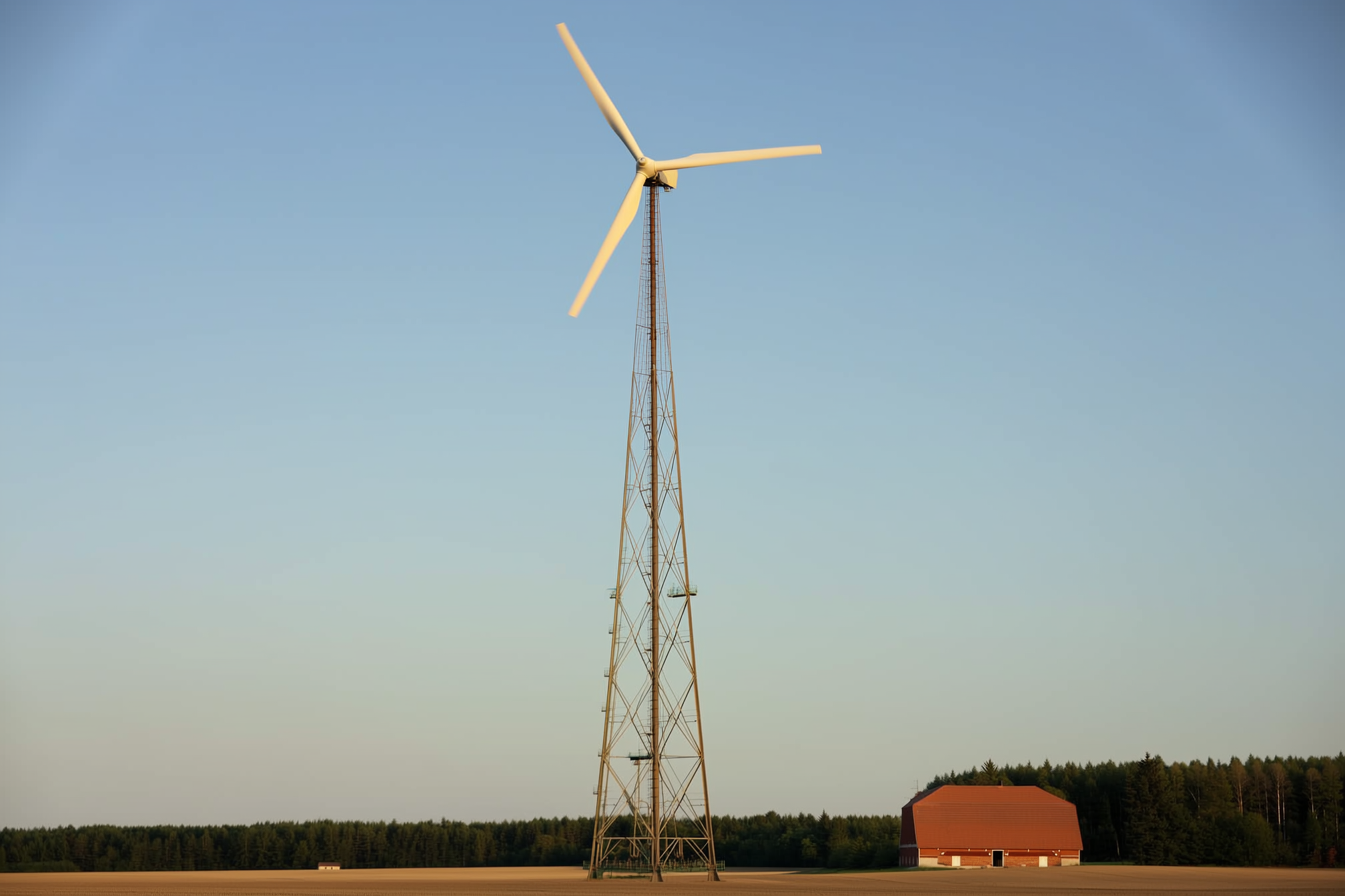 A small three-blade wind turbine mounted high on a tall guyed lattice tower, its rotor well above a nearby barn and tree line on open farmland under a clear sky.