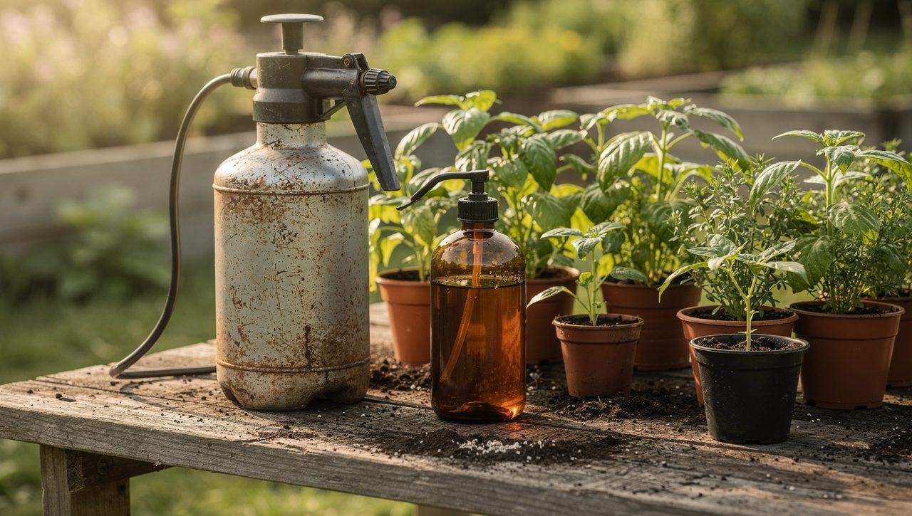 A garden pressure sprayer and an amber bottle of insecticidal soap on a wooden potting bench beside healthy potted herbs and pepper seedlings in morning light.