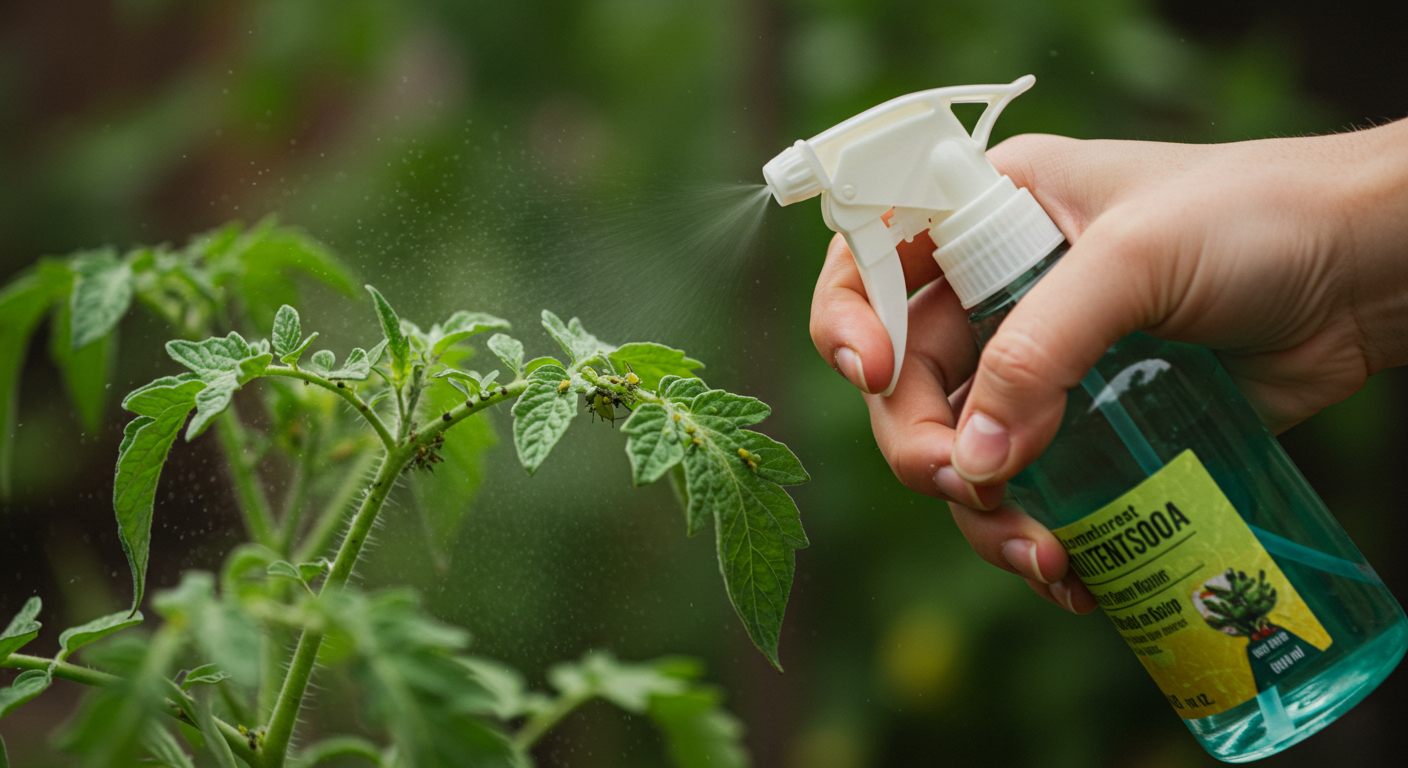 A close-up photograph showing a hand holding a clear spray bottle, misting a homemade insecticidal solution onto the underside of a tomato plant leaf. A small cluster of green aphids is visible on the leaf surface, which is vibrant green. The background is a soft-focus garden, suggesting organic pest control.