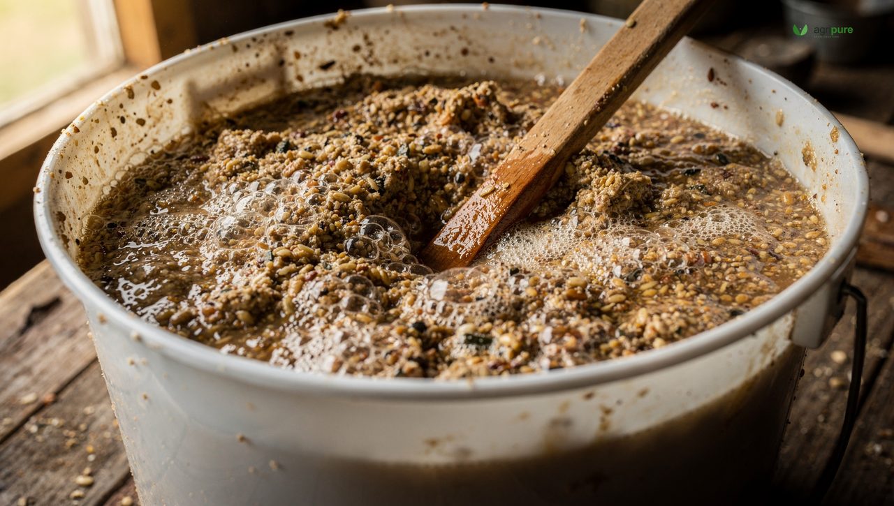 A food-grade bucket of soaking grain mash mid-fermentation, bubbles visible on the surface of the wet feed, on a homestead workbench, no people.