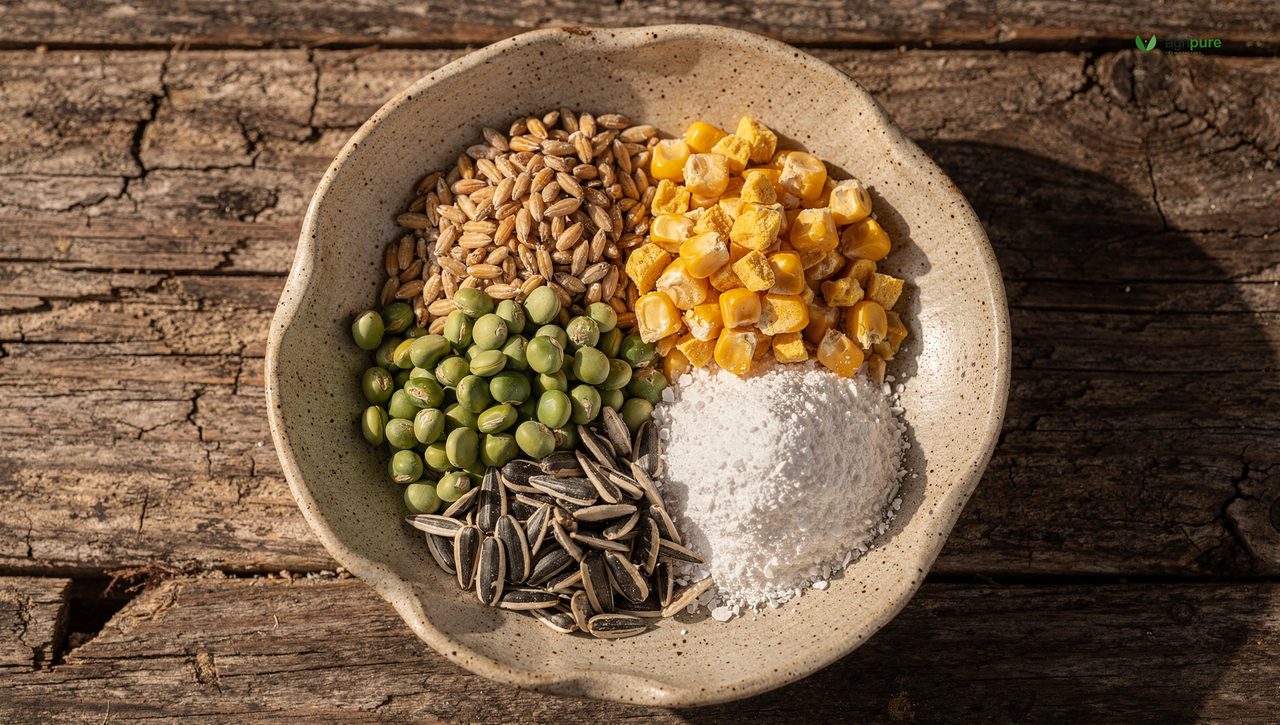 A bowl of mixed homemade chicken ration showing whole grains, cracked corn, field peas, sunflower seeds, and crushed oyster shell, on a wooden surface, no people.
