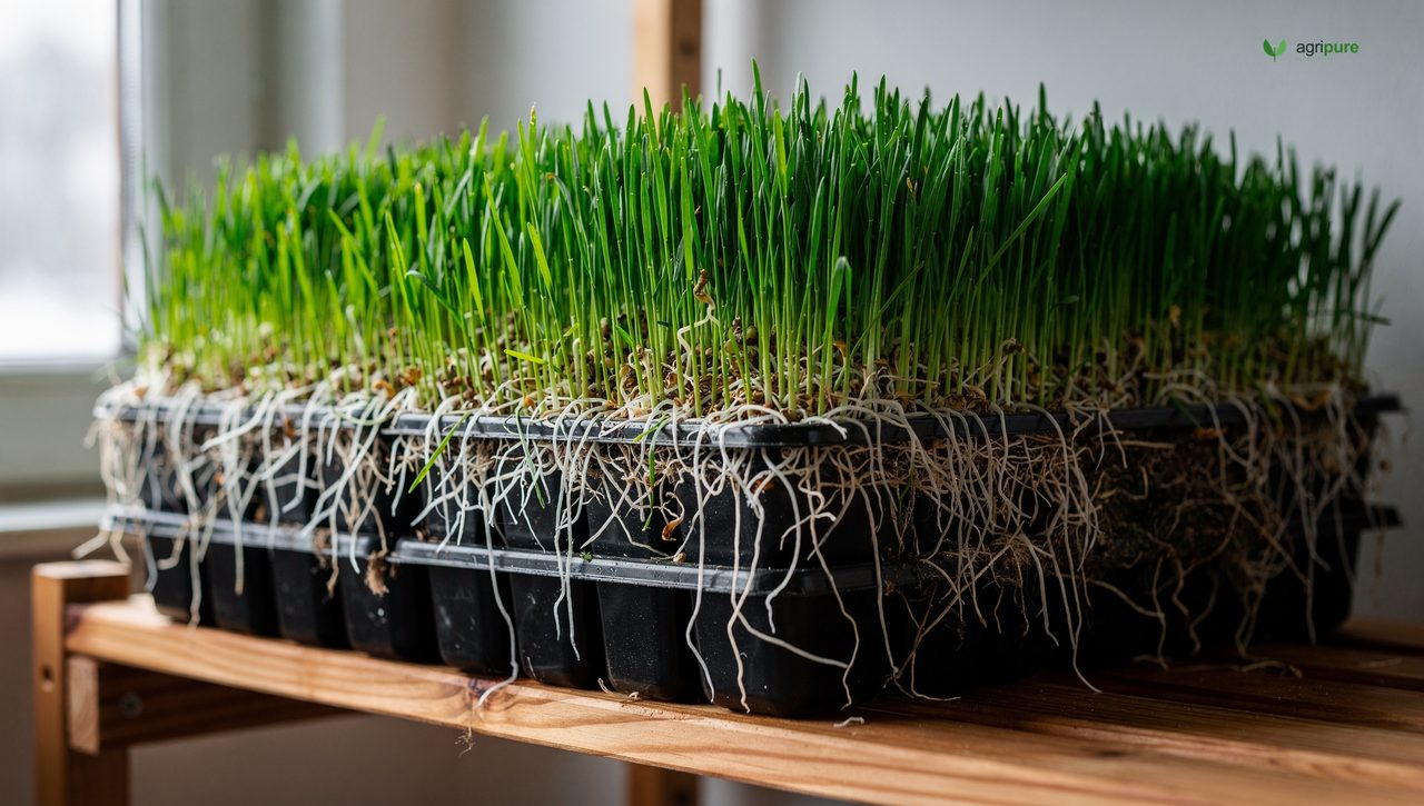 Trays of bright green sprouted barley fodder forming a dense root mat, grown indoors for winter chicken greens, no people in frame.