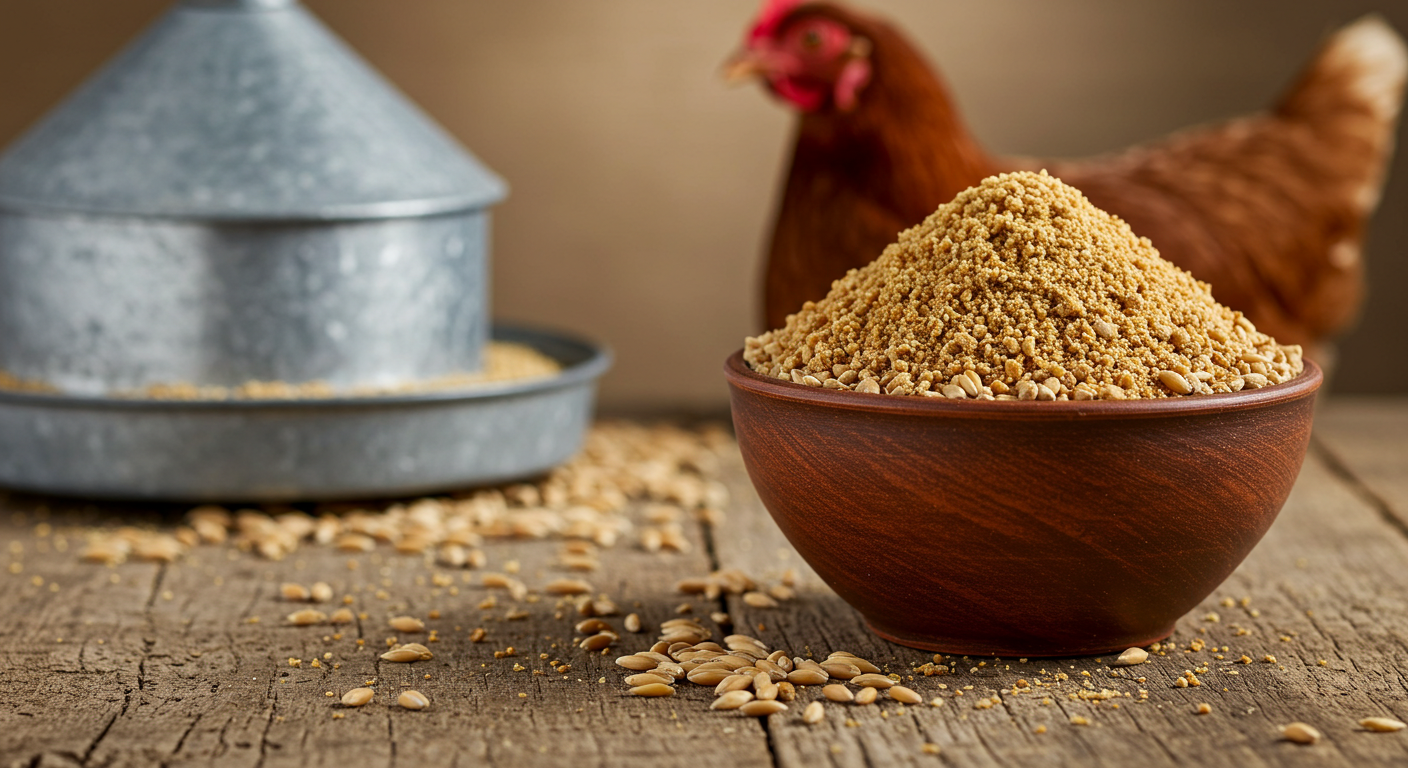 Close-up of a bowl of golden-brown fermented chicken feed, rich in texture, sitting on a rustic wooden table. A healthy brown chicken is visible in the soft-focus background, alongside a metal feeder, illustrating a sustainable approach to poultry nutrition.