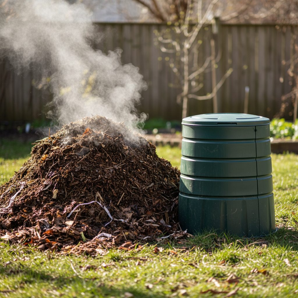 Two backyard composting piles side-by-side: one a large hot heap showing rising steam, the other a simple wire-bin passive cold pile.