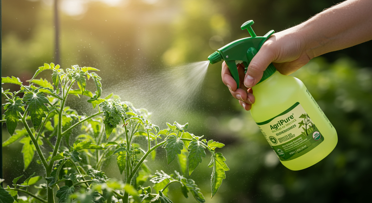 A close-up photograph showing a gardener's hands holding a spray bottle, gently misting water onto a leaf of an organic tomato plant to dislodge a small cluster of green aphids.