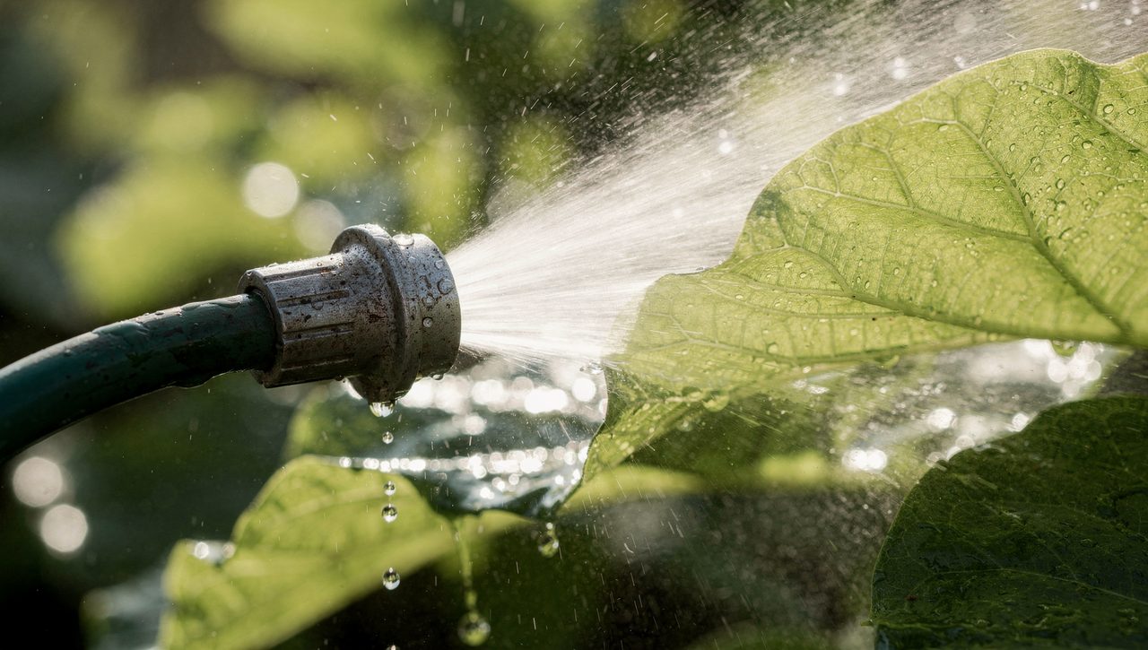 Water spraying from a garden nozzle across the underside of broad green leaves, droplets scattering aphids into the air in bright daylight.