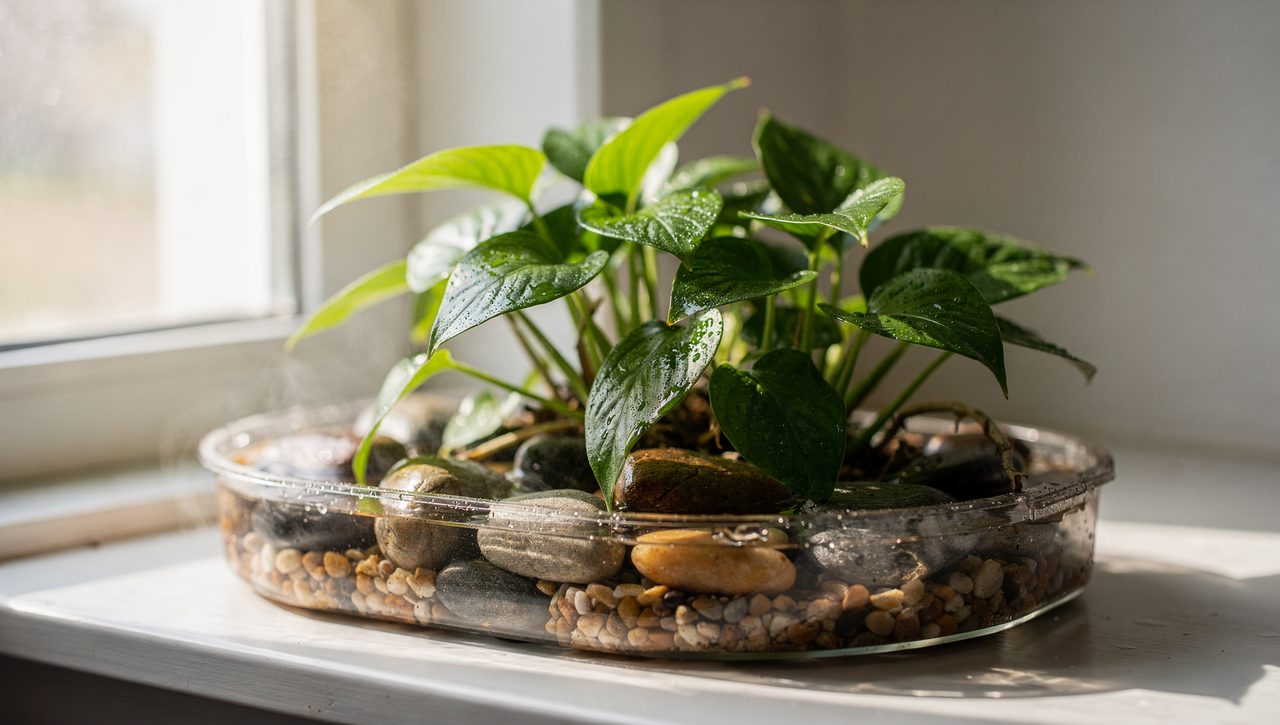 A cluster of leafy houseplants grouped on a pebble-and-water humidity tray near a bright window, leaves misted with fine droplets.