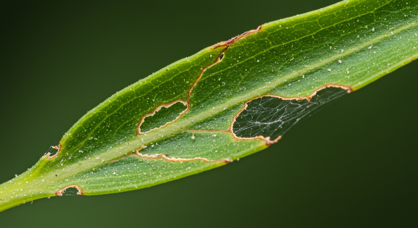 A close-up photograph of a vibrant green plant leaf affected by spider mites, showing fine, almost imperceptible webbing on the underside and tiny pale stippling dots on the upper surface, indicative of early infestation.