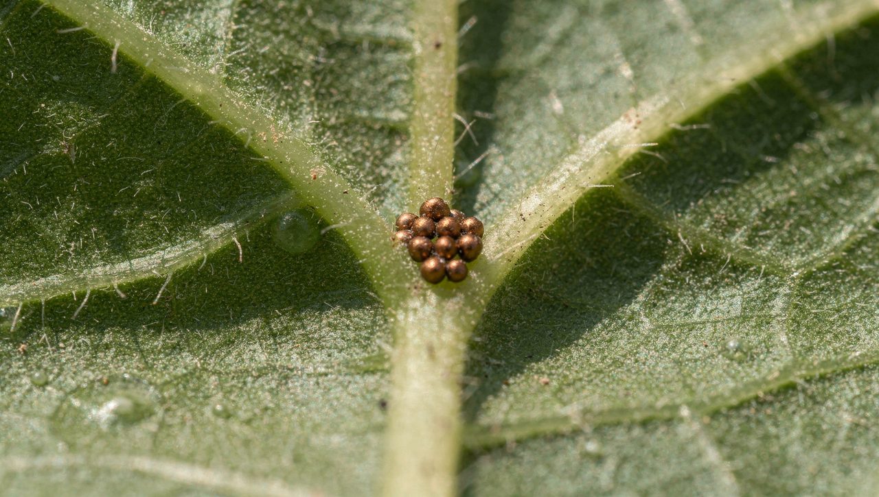 Close-up of a green squash leaf turned over to show a tight cluster of small bronze-brown squash bug eggs nestled in the V between two leaf veins.