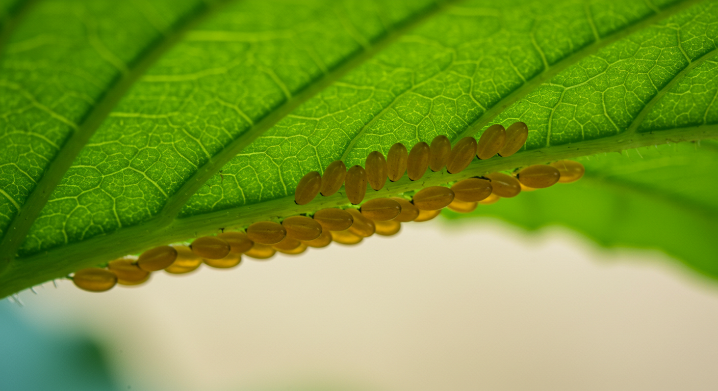 A close-up, photorealistic image showing a cluster of small, oval, yellowish-bronze squash bug eggs neatly laid along the veins on the underside of a bright green squash leaf. The leaf is healthy and well-lit, providing clear detail of the pest eggs.