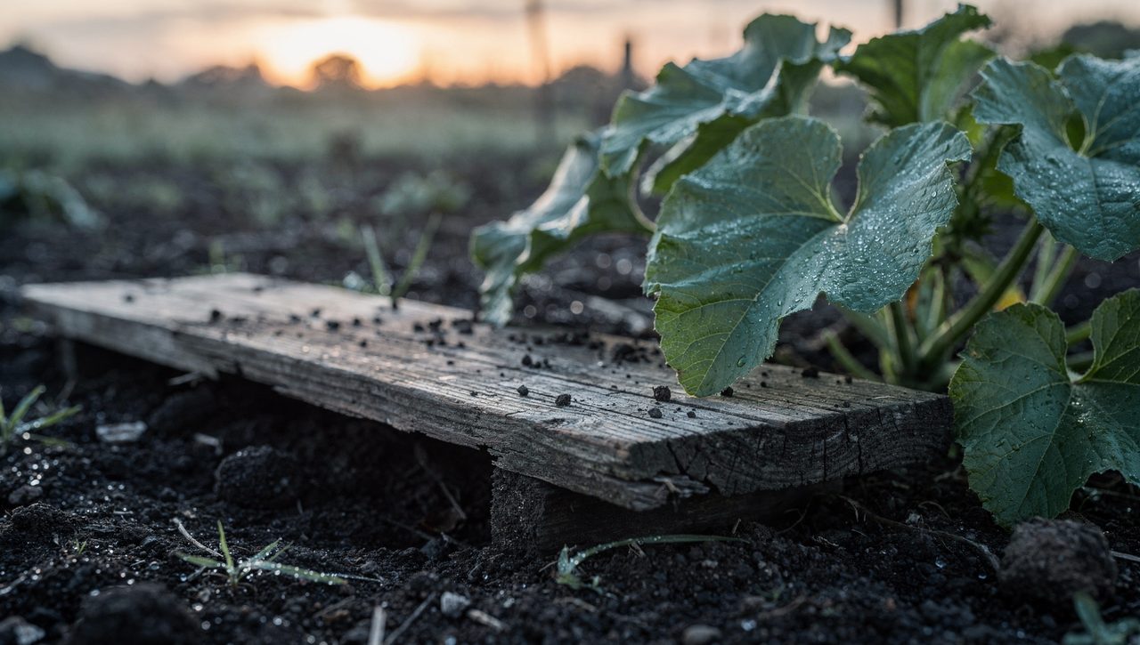 A weathered wooden board lying flat on dark, dewy garden soil beside the base of a leafy squash plant in soft early morning light, set as an overnight bug trap.