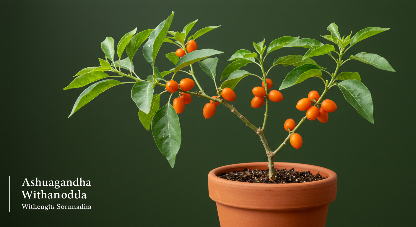A potted Ashwagandha plant displaying small green leaves and clusters of orange-red berries.