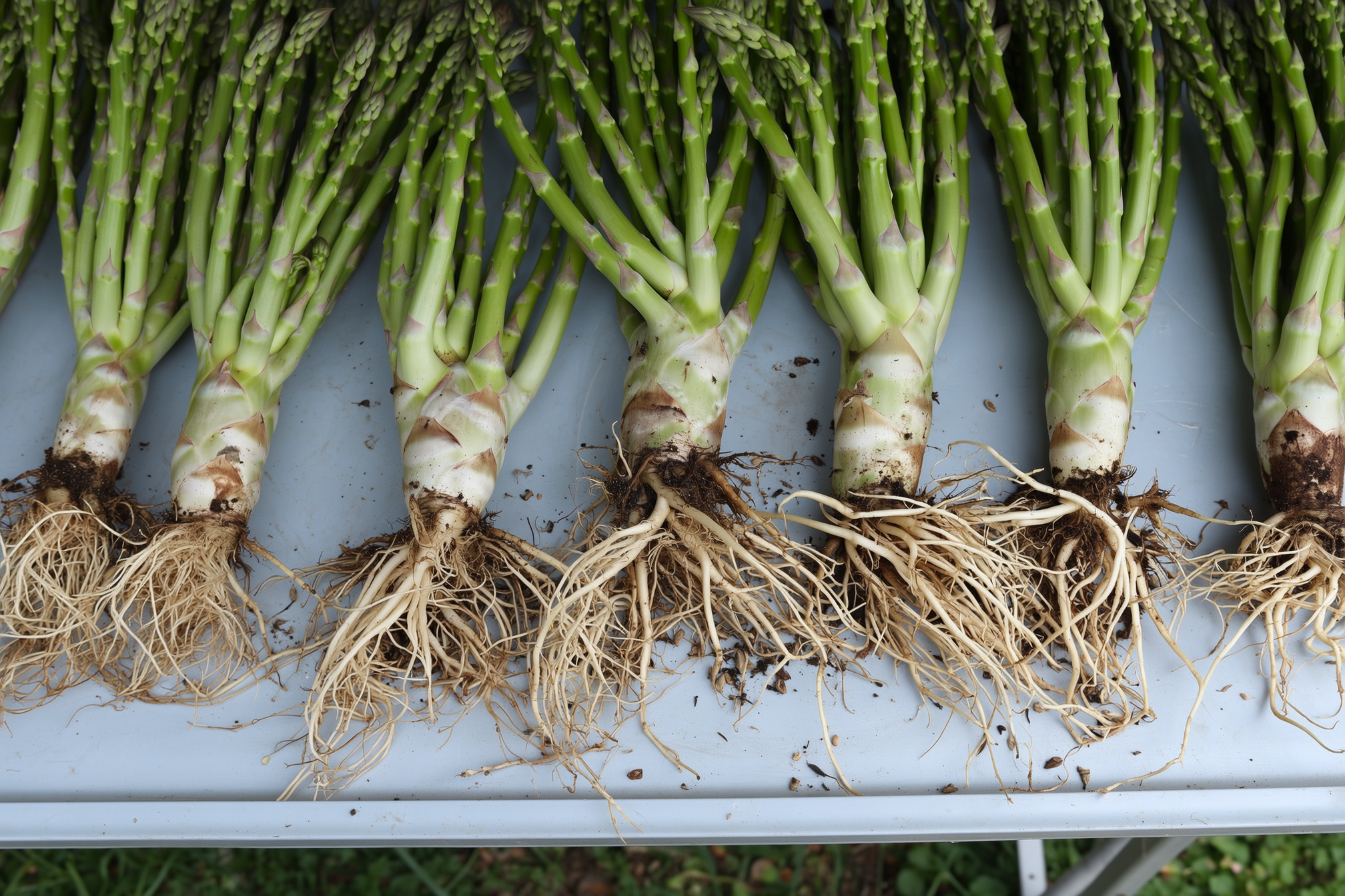 A display of several asparagus variety crowns laid out on a potting bench, showing the fleshy roots and central bud of Jersey Knight, Millennium, and Purple Passion crowns
