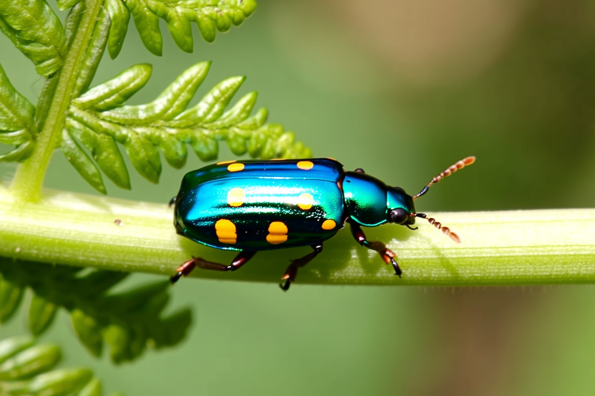 Close-up of an asparagus beetle on a young green spear, showing the metallic blue-black body with yellow spots, against soft-focus fern foliage in the background
