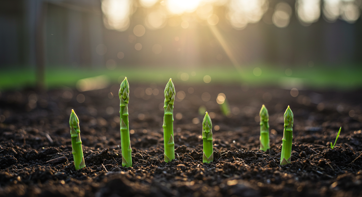 A close-up, ground-level photograph of bright green asparagus spears emerging from dark, fertile soil in a well-established perennial bed during early spring. The spears are crisp and upright, indicating a healthy, mature plant ready for harvest. In the blurred background, hints of a permaculture garden setting with an organic feel are visible.