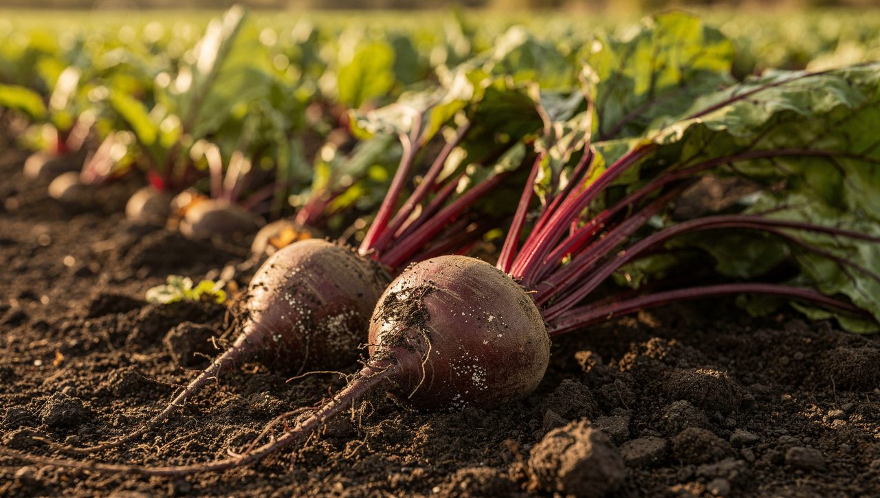 Freshly pulled beetroots with their leafy red-and-green tops still attached, resting on dark garden soil beside a row of growing beets in morning light.