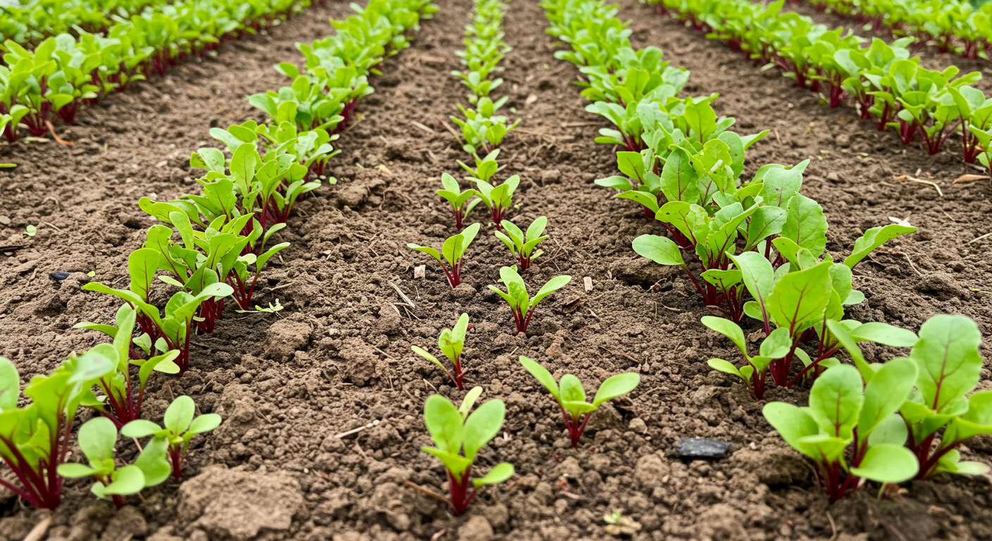 Close-up of young beet plants in a garden bed, showing dense clusters of seedlings next to areas where plants have been thinned, highlighting the initial growth and spacing for optimal development.
