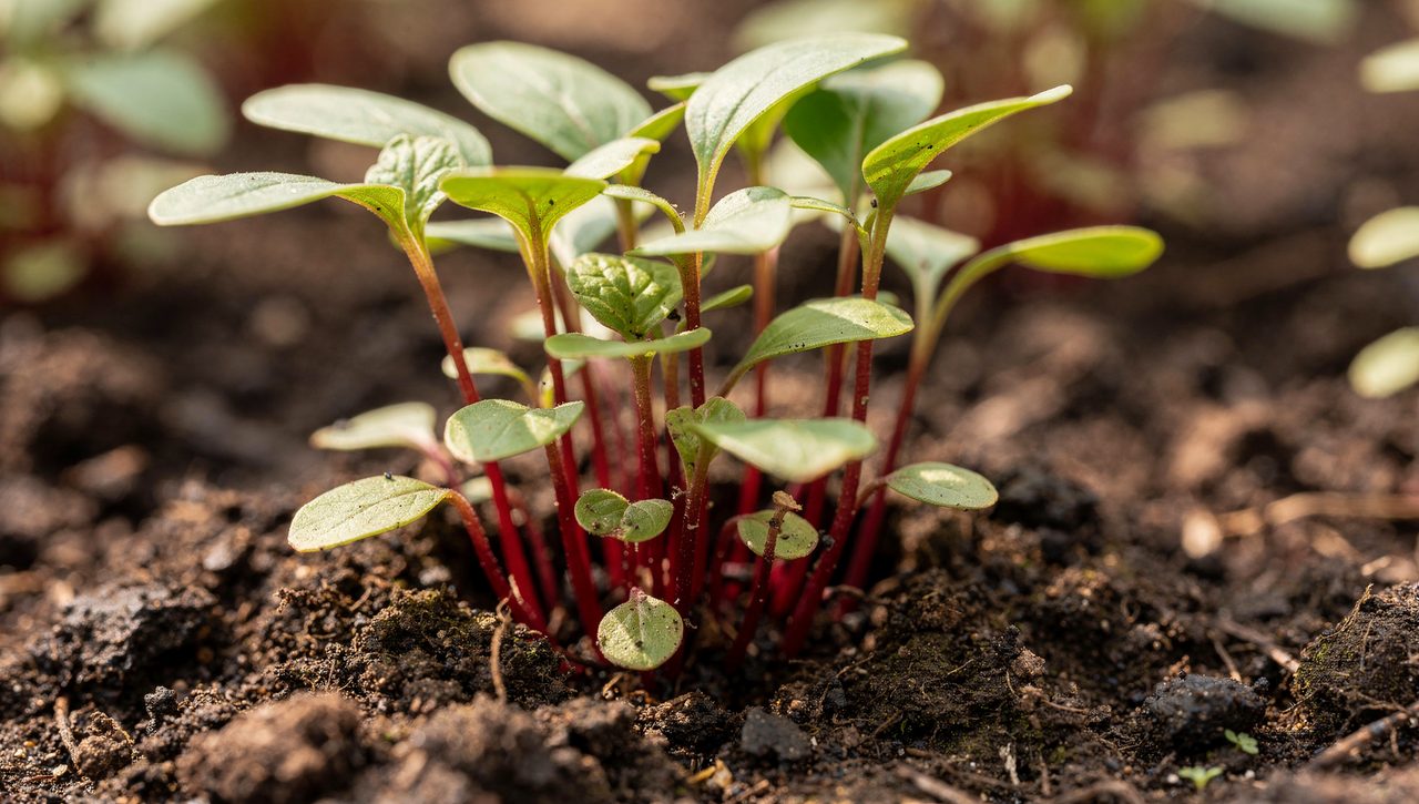 A close cluster of young beet seedlings with red stems crowding up from dark soil, several seedlings emerging from a single planting spot.
