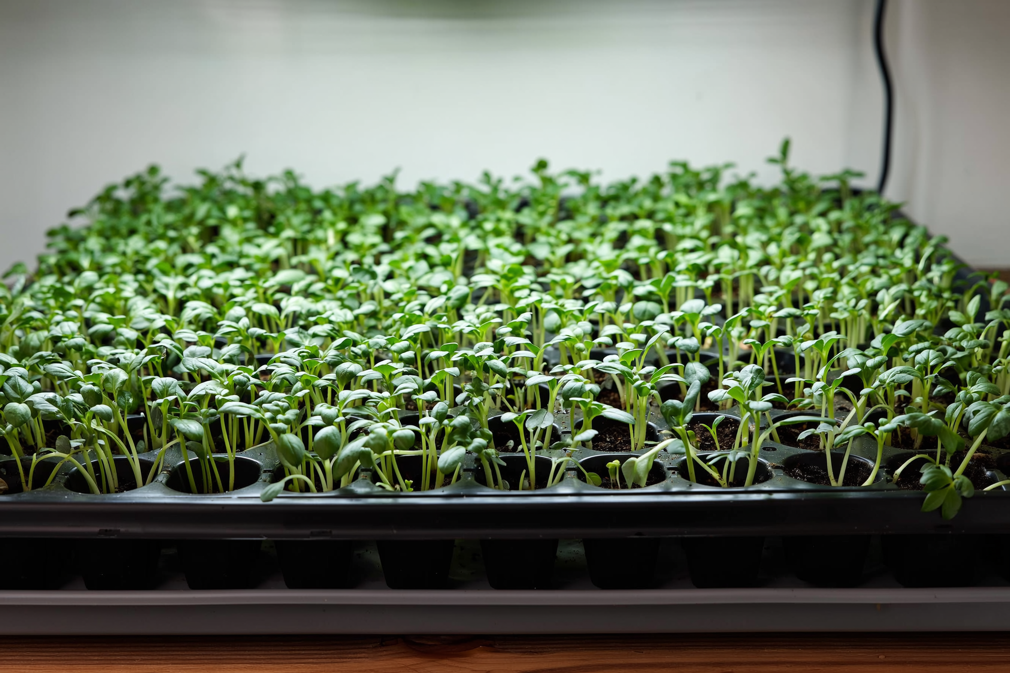 A seed-starting tray with small broccoli seedlings under a grow light, ready for hardening off before outdoor transplanting