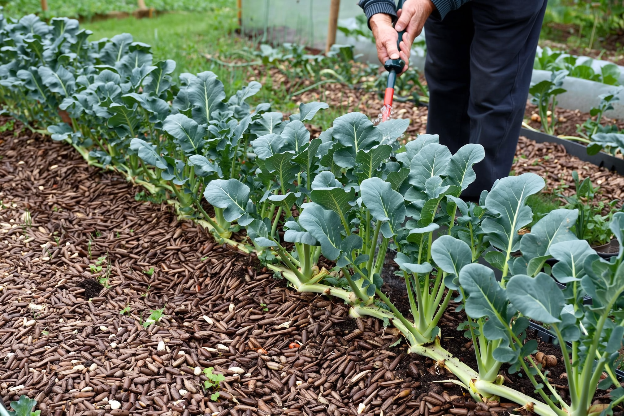 A gardener using a watering wand at the base of a row of broccoli plants in a raised bed with straw mulch around the stems
