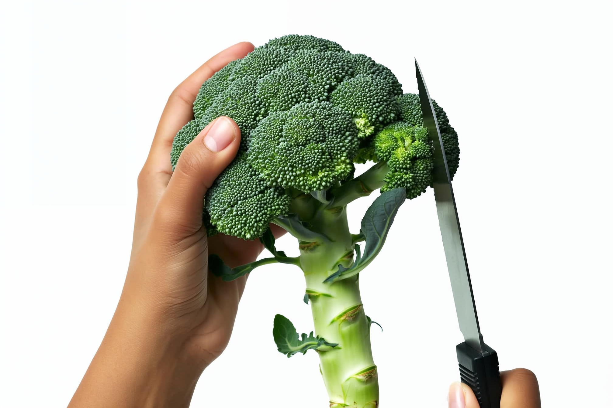 Hands cutting a compact green broccoli head with a sharp knife, leaving six inches of stalk and several leafy branches visible on the plant