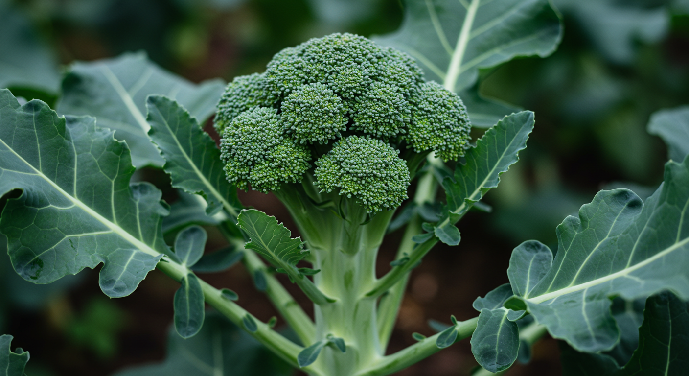 A close-up of a vibrant green broccoli head ready for harvest in a vegetable garden bed.