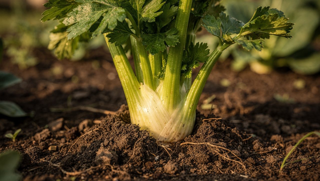 A clump of garden celery with soil mounded up around the base of the pale lower stalks to blanch them, dark leafy tops above in afternoon light.