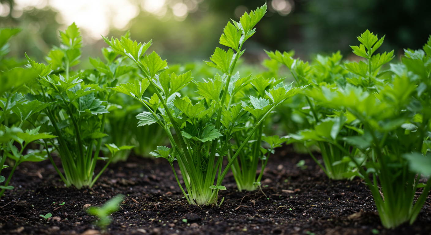 A close-up, eye-level photograph showing multiple stalks of bright green celery with healthy leaves, firmly rooted in dark, moist, organic garden soil. The image captures the texture and freshness of the celery, with a gently blurred garden background.