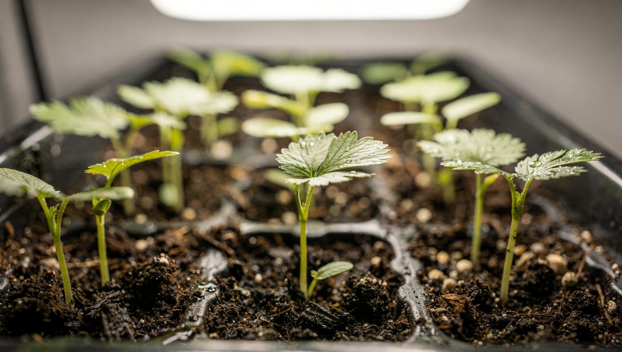 Young celery seedlings with delicate notched leaves growing in dark potting soil inside a seed tray under bright indoor light.