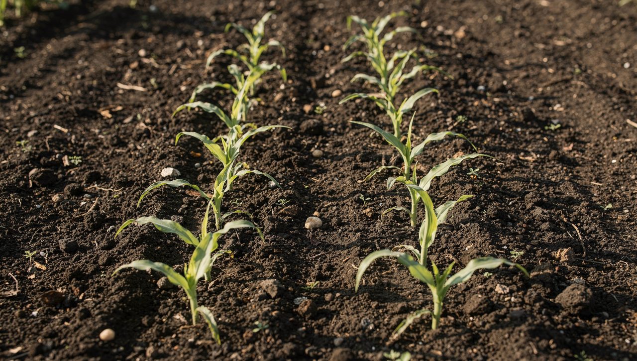 A close block of young sweet corn seedlings in dark garden soil, four parallel rows spaced a foot apart under bright morning light.