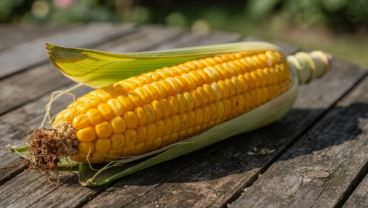 A single ear of sweet corn with the husk peeled back to show plump milk-stage kernels and a thumbnail pressed into one row, with browning silk at the tip.