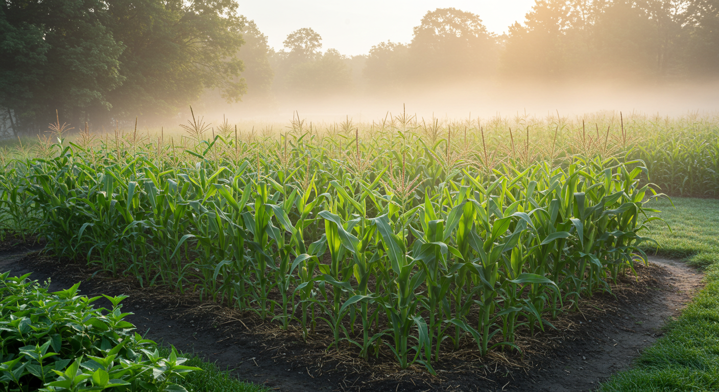 A photorealistic, top-down view of a small, thriving block of corn plants in a meticulously maintained organic garden. The corn stalks are green and healthy, with visible tassels at the top and silk emerging from young ears, illustrating effective block planting for wind pollination.
