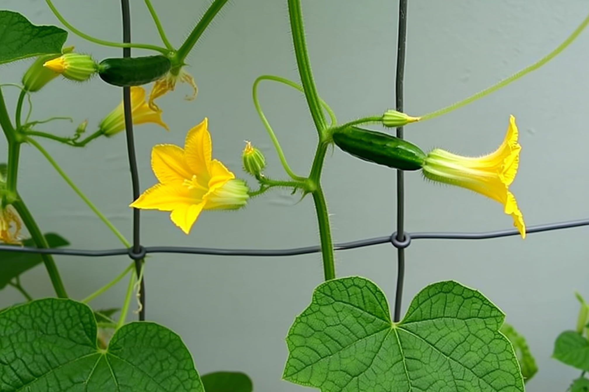 A close-up of cucumber vines with tendrils gripping a wire trellis panel, small cucumbers forming behind yellow female flowers