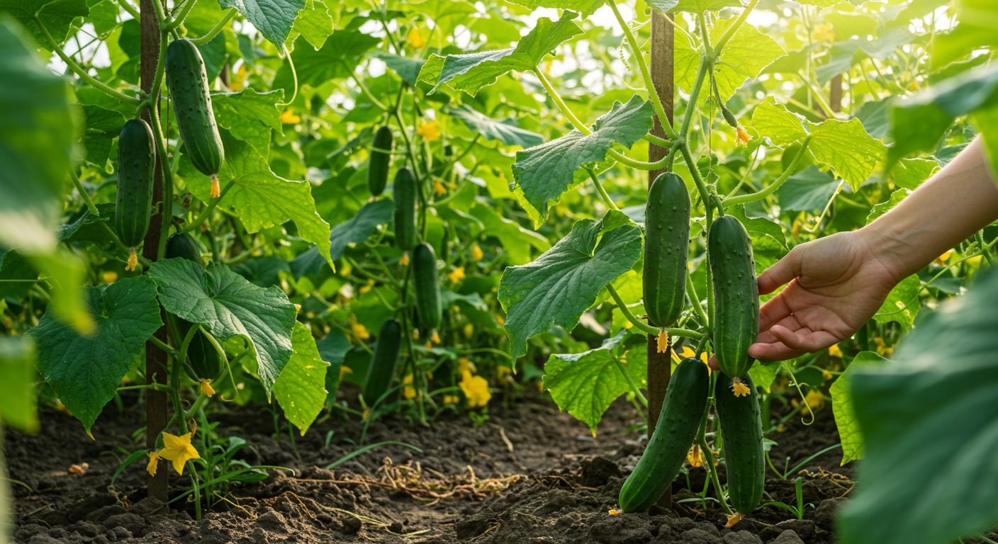 A close-up, photorealistic image of a healthy cucumber vine trellised vertically, showcasing numerous bright green cucumbers ready for harvest. The soil beneath is dark and rich, and the leaves are vibrant green, some with visible water droplets. A human hand is gently reaching towards a mature cucumber, indicating harvest.
